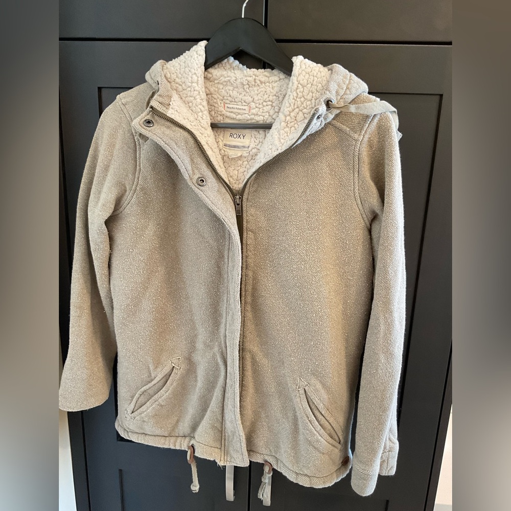 🤎✨ Roxy Women Sherpa-Lined Beige/Cream 100% Cotton Zip-Up Sweater Jacket L